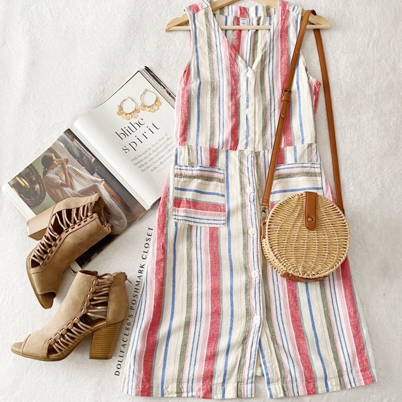 Linen Blend Vertical Stripe Dress with Pockets - Picture 2 of 8